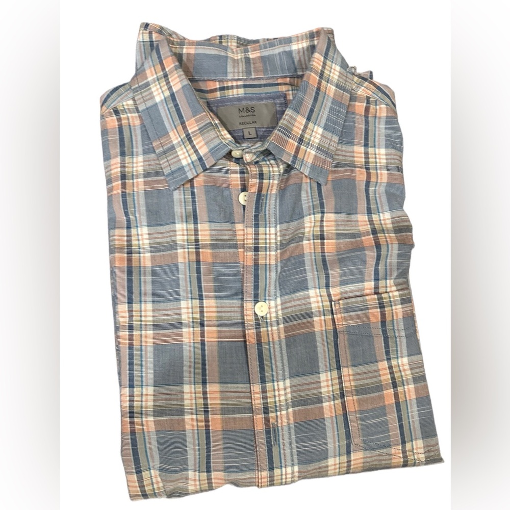 ✅Marks & Spencer Casual Button Down Shirt Blue and Tan
